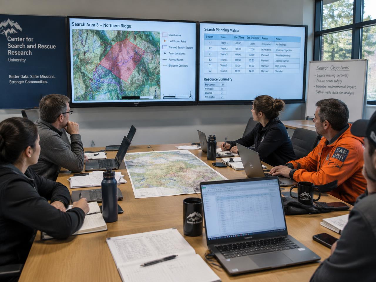 Scholars and SAR practitioners reviewing search planning charts in a university seminar room
