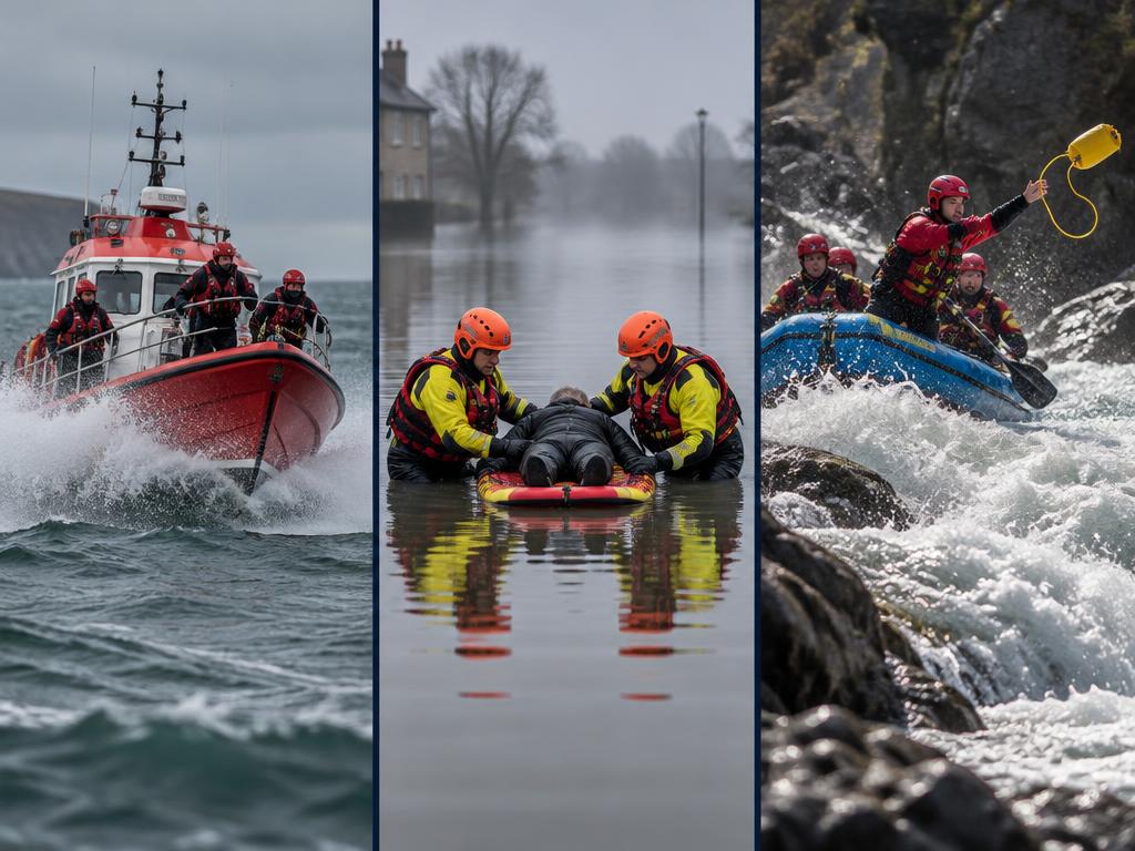 Three rescue scenes side by side: a lifeboat at sea, rescuers in calm floodwater, and a raft in whitewater