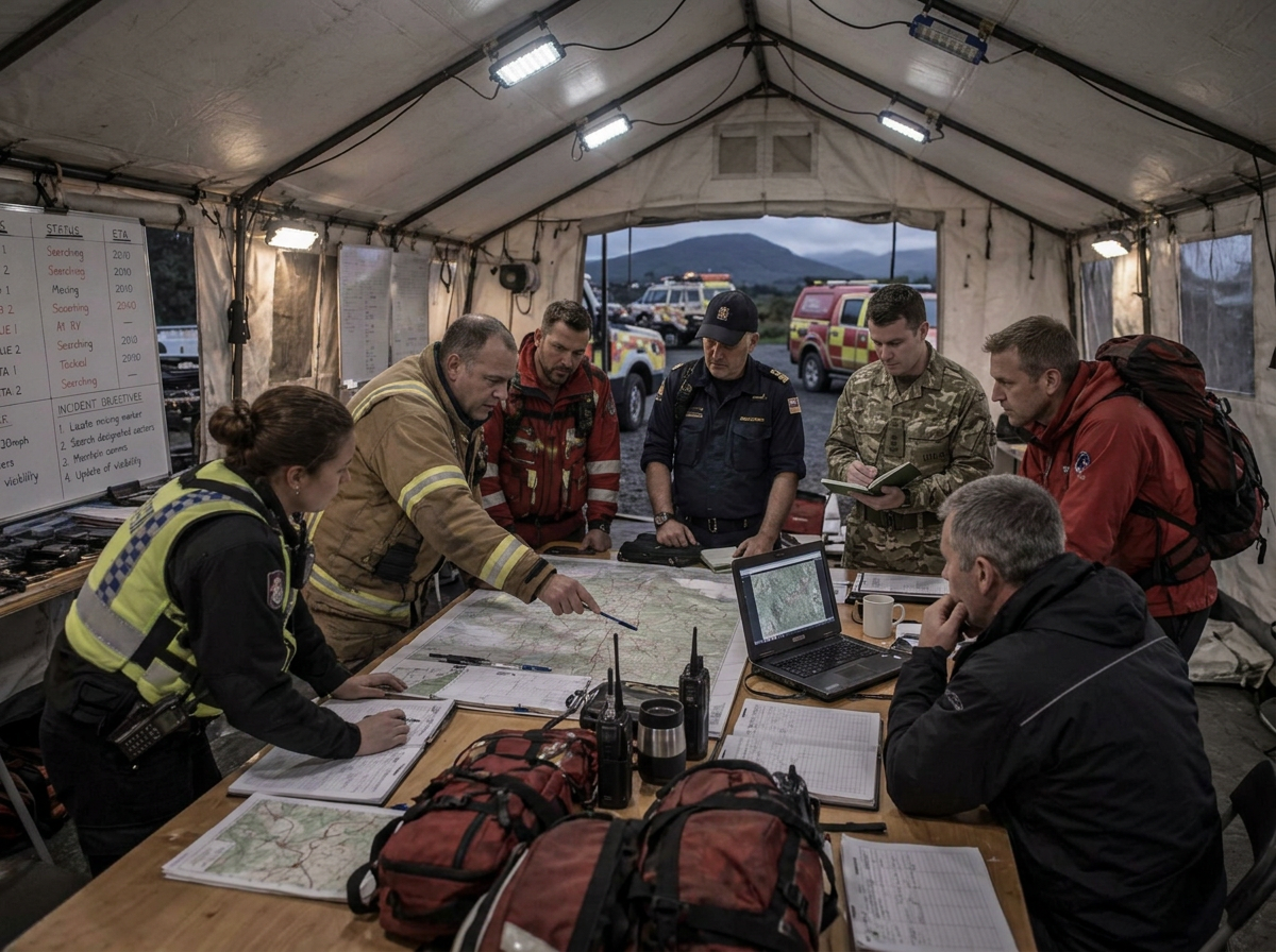 Fire, police, ambulance, coastguard and military responders planning together around a map at a multi-agency search and rescue command post